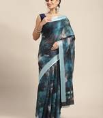 Blue printed linen saree with blouse