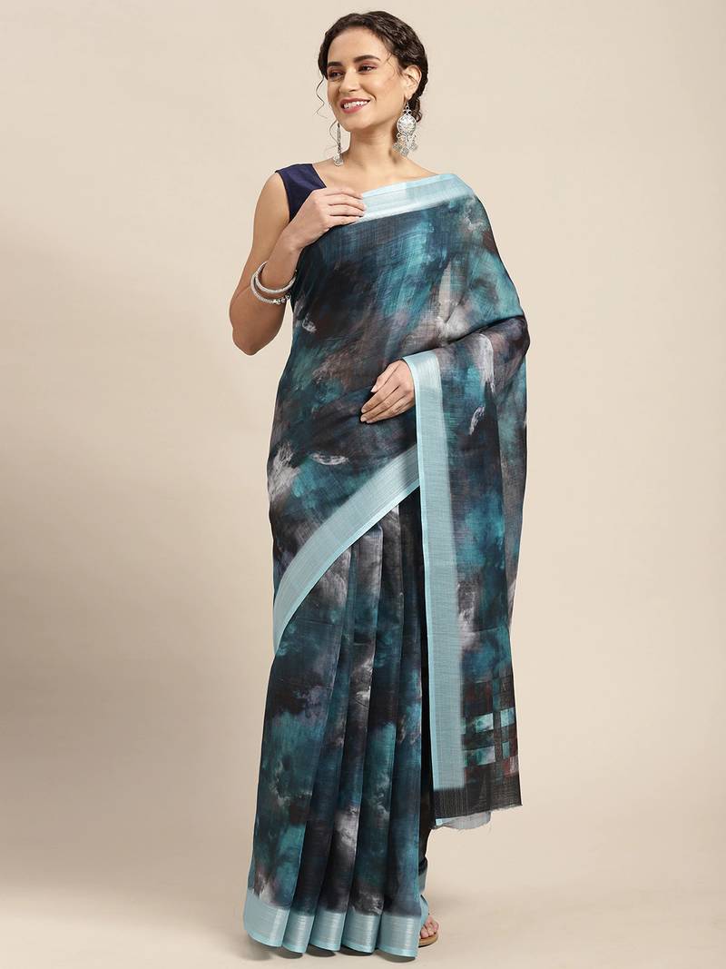 Blue printed linen saree with blouse