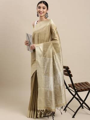 Cream plain raw silk saree with blouse 1