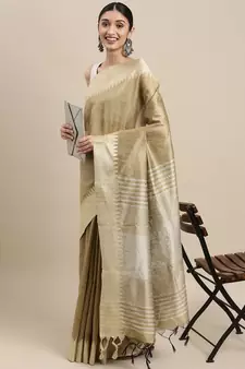 Cream plain raw silk saree with blouse