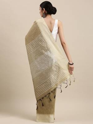 Cream plain raw silk saree with blouse 2