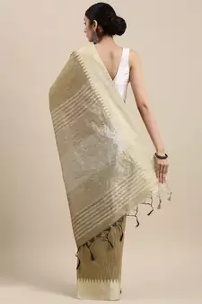 Cream plain raw silk saree with blouse