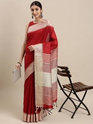 Red plain raw silk saree with blouse 1