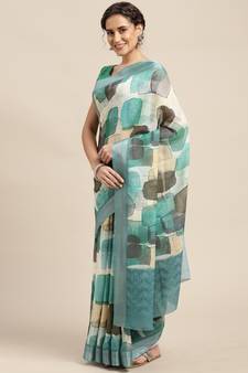 Aqua blue printed linen saree with blouse