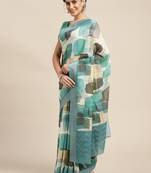 Aqua blue printed linen saree with blouse