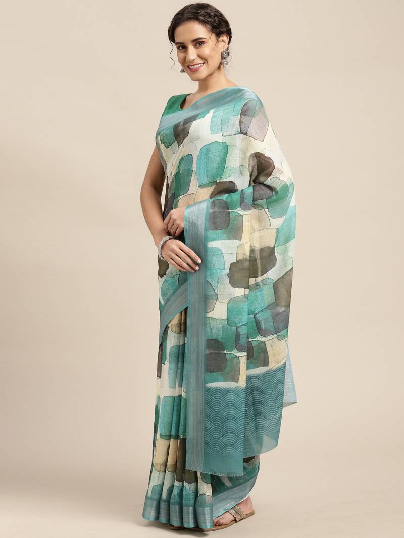 Aqua blue printed linen saree with blouse