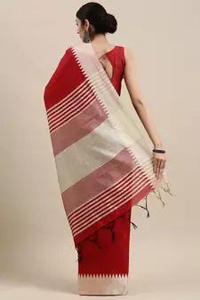 Red plain raw silk saree with blouse