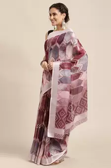 Coral printed linen saree with blouse