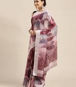 Coral printed linen saree with blouse