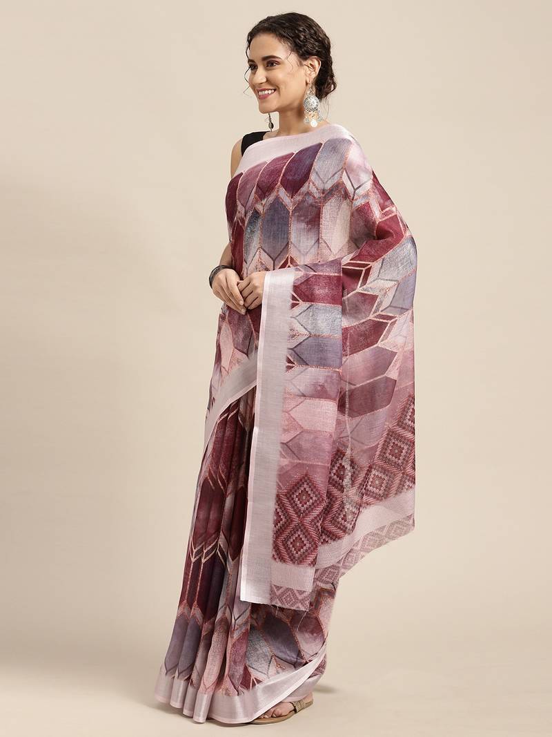 Coral printed linen saree with blouse