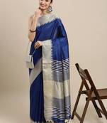 Navy blue plain raw silk saree with blouse