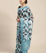 Blue printed linen saree with blouse