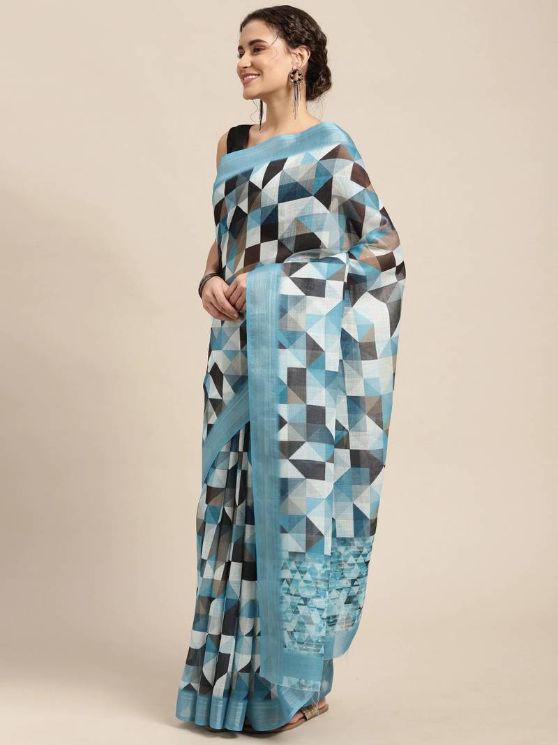 Blue printed linen saree with blouse