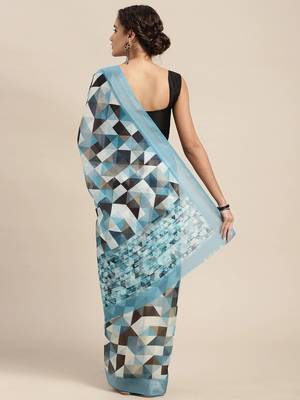 Blue printed linen saree with blouse 2