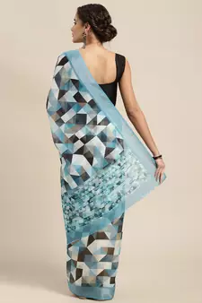 Blue printed linen saree with blouse