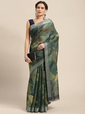 Mehendi printed linen saree with blouse 1