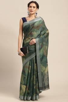 Mehendi printed linen saree with blouse