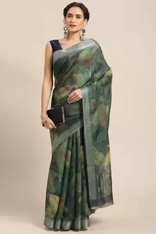 Mehendi printed linen saree with blouse