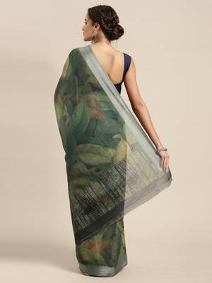 Mehendi printed linen saree with blouse 2