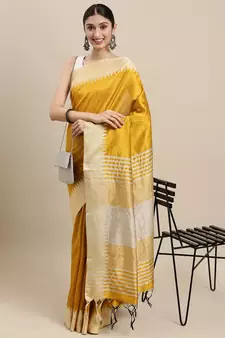 Yellow plain raw silk saree with blouse