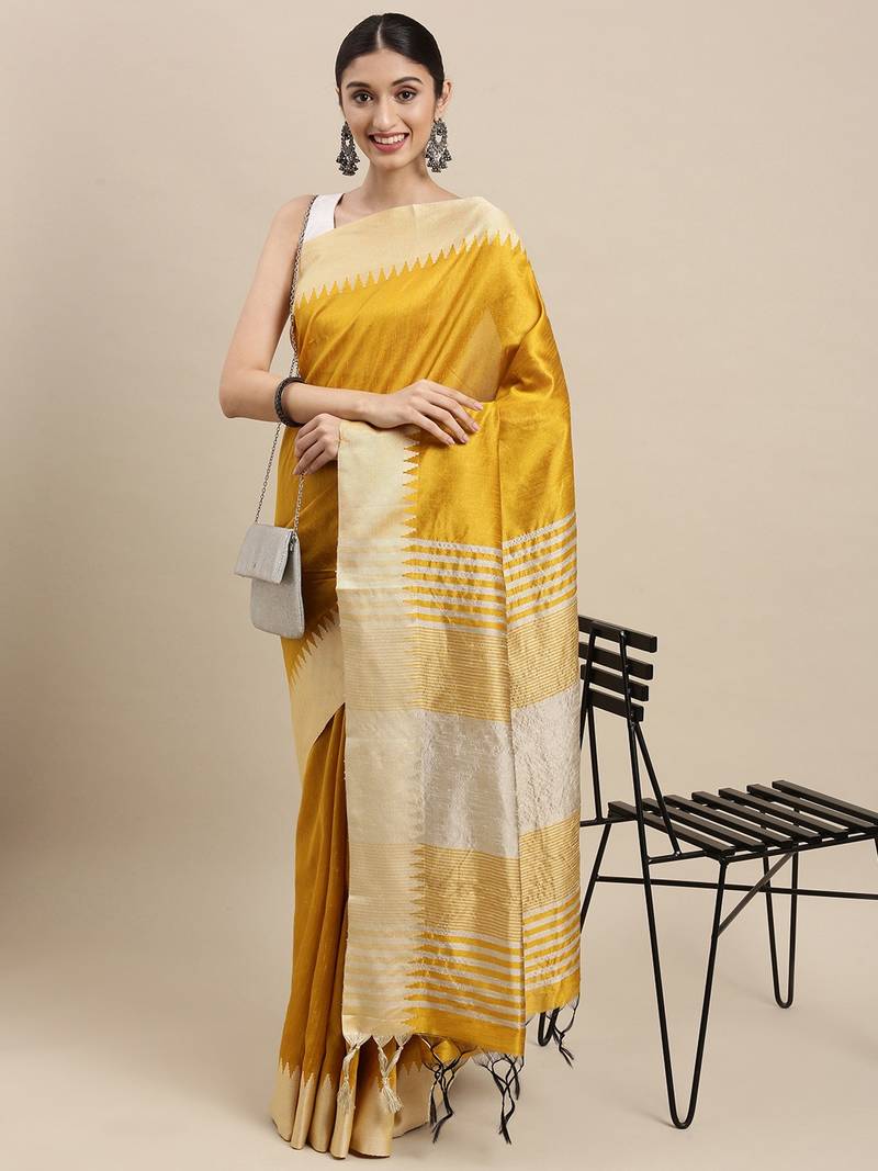 Yellow plain raw silk saree with blouse