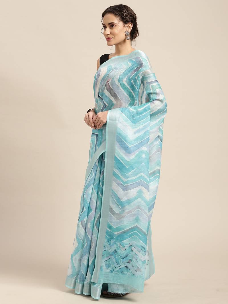 Blue printed linen saree with blouse