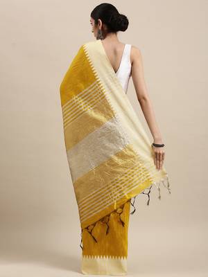 Yellow plain raw silk saree with blouse 2