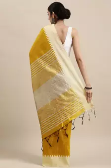 Yellow plain raw silk saree with blouse
