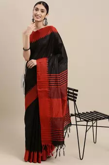 Black plain raw silk saree with blouse