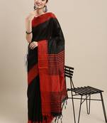 Black plain raw silk saree with blouse