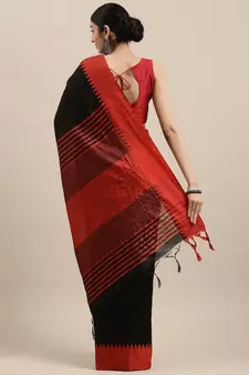 Black plain raw silk saree with blouse