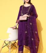 Wine Zari Sequence Ruby Silk Kurta Pant With Organza Dupatta