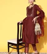 Rust Zari Sequence Ruby Silk Kurta Pant With Organza Dupatta