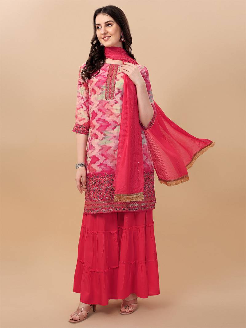 Multicolor Reyon Fabric Embroidered Work With Digital Print Stitched Kurta With Sharara &Dupatta