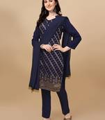 Women Navy Blue Zari Woven Design Straight Kurta & Trousers Pent With Dupatta