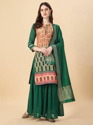 Women Mustard & green pure Weaving jacquard with print kurta and sharara set 1
