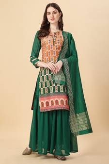 Women Mustard & green pure Weaving jacquard with print kurta and sharara set