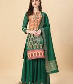 Women Mustard & green pure Weaving jacquard with print kurta and sharara set