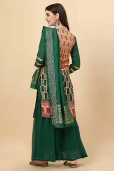 Women Mustard & green pure Weaving jacquard with print kurta and sharara set