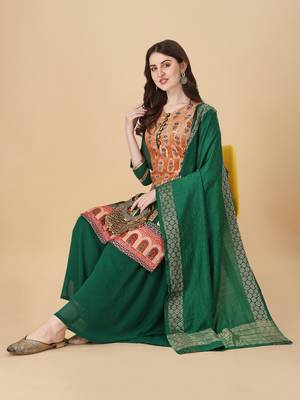 Women Mustard & green pure Weaving jacquard with print kurta and sharara set 3