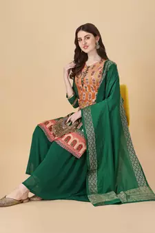 Women Mustard & green pure Weaving jacquard with print kurta and sharara set