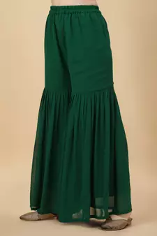 Women Mustard & green pure Weaving jacquard with print kurta and sharara set