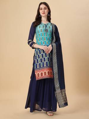 Women Sky & Navy blue pure weaving jacquard with print kurta and sharara set 1