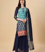 Women Sky & Navy blue pure weaving jacquard with print kurta and sharara set