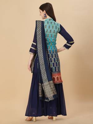 Women Sky & Navy blue pure weaving jacquard with print kurta and sharara set 2