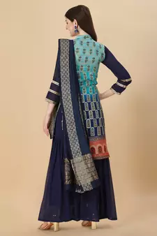 Women Sky & Navy blue pure weaving jacquard with print kurta and sharara set