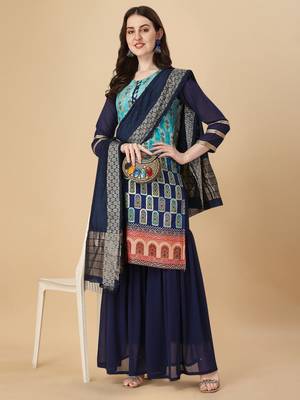 Women Sky & Navy blue pure weaving jacquard with print kurta and sharara set 3