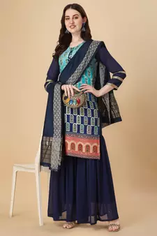 Women Sky & Navy blue pure weaving jacquard with print kurta and sharara set
