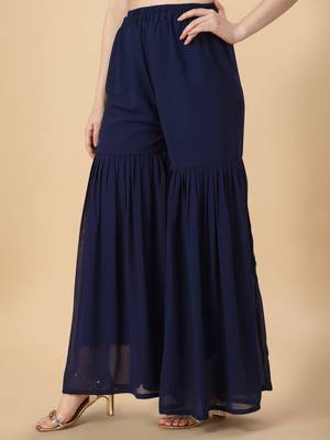 Women Sky & Navy blue pure weaving jacquard with print kurta and sharara set 4