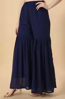 Women Sky & Navy blue pure weaving jacquard with print kurta and sharara set